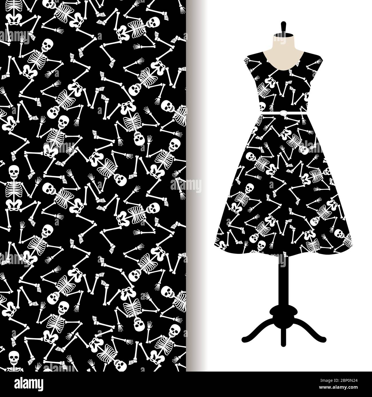 Women dress fabric pattern design with dancing skeletons. Vector