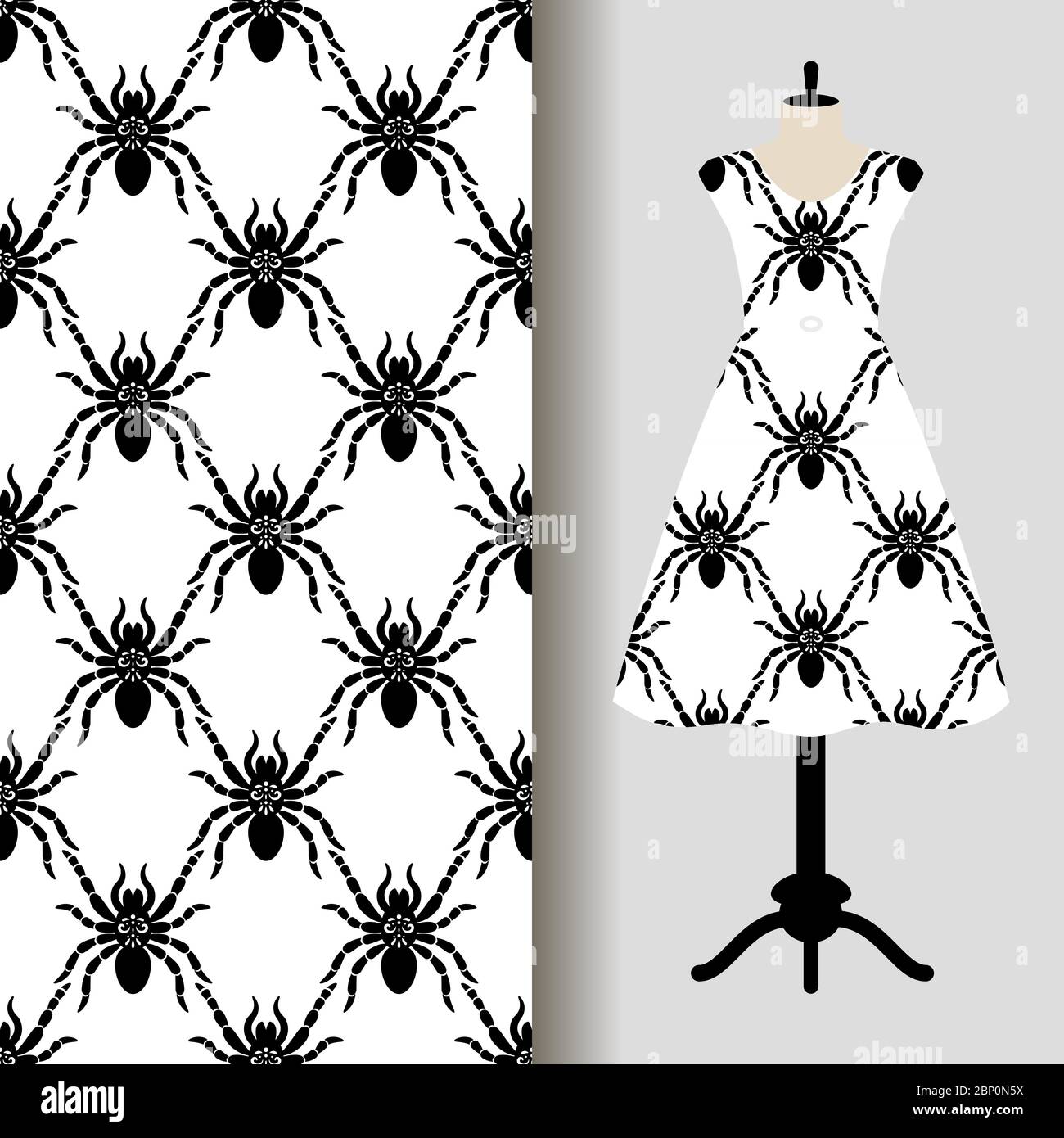 Womens dress fabric pattern design with spiders. Vector illustration Stock Vector