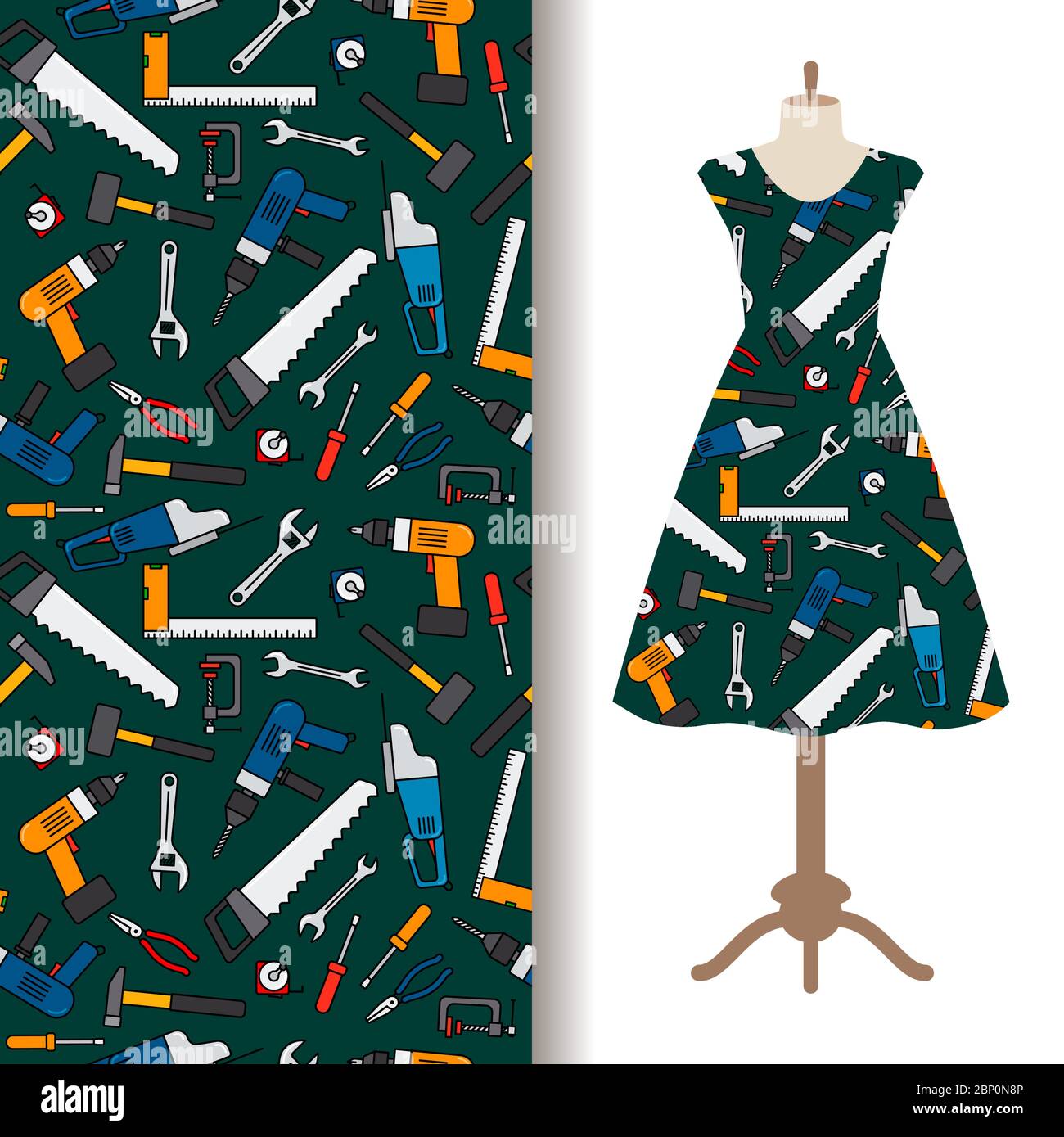 Women dress fabric pattern design with construction tools. Vector
