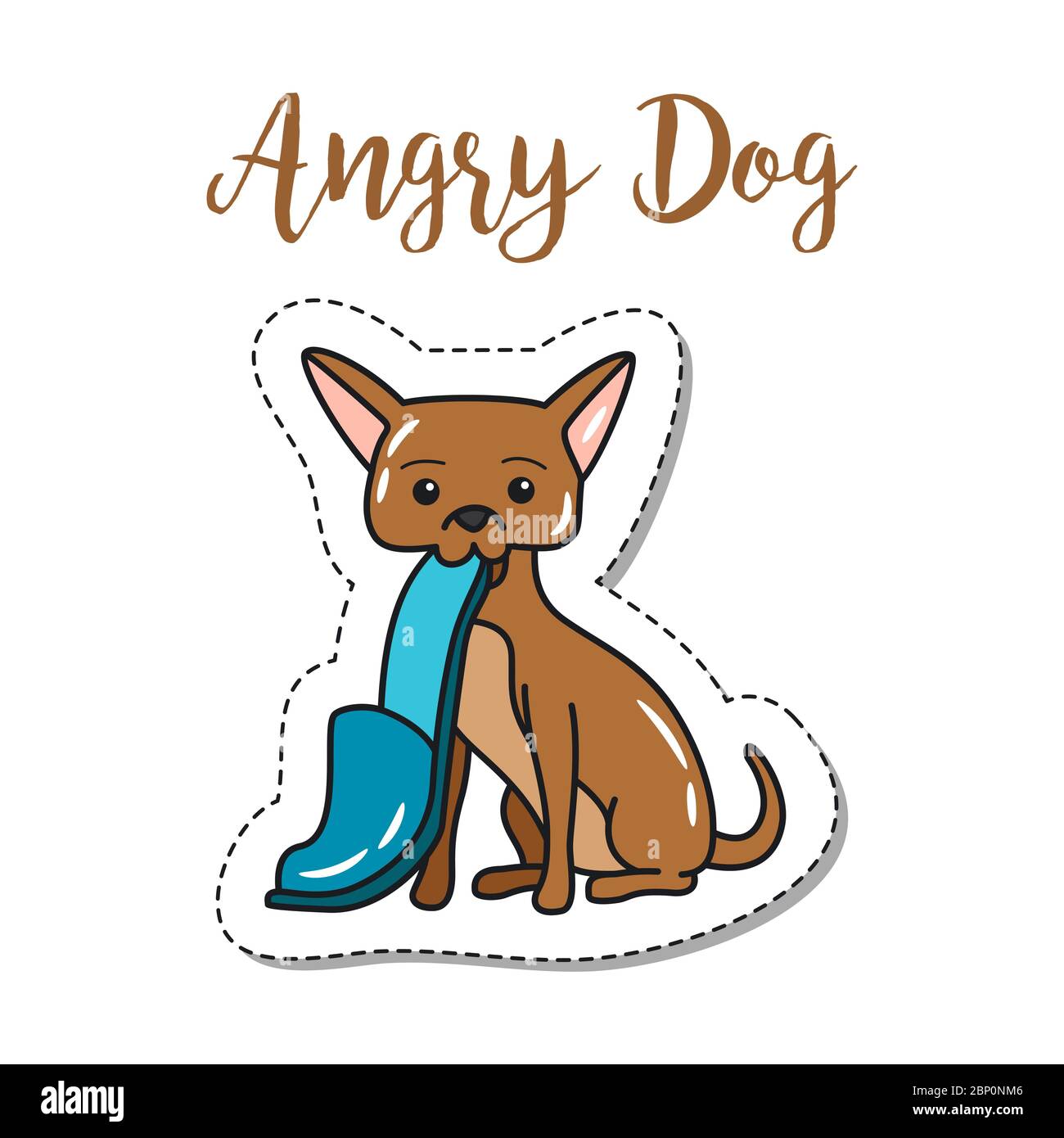 Fashion patch element with quote, Angry dog. Little dog biting slipper, vector badge Stock Vector
