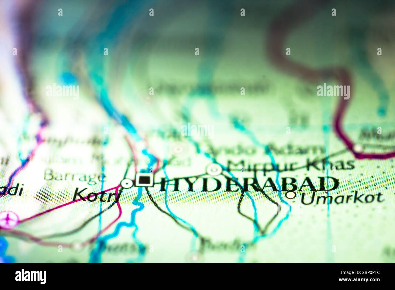 Shallow depth of field focus on geographical map location of Hyderabad
