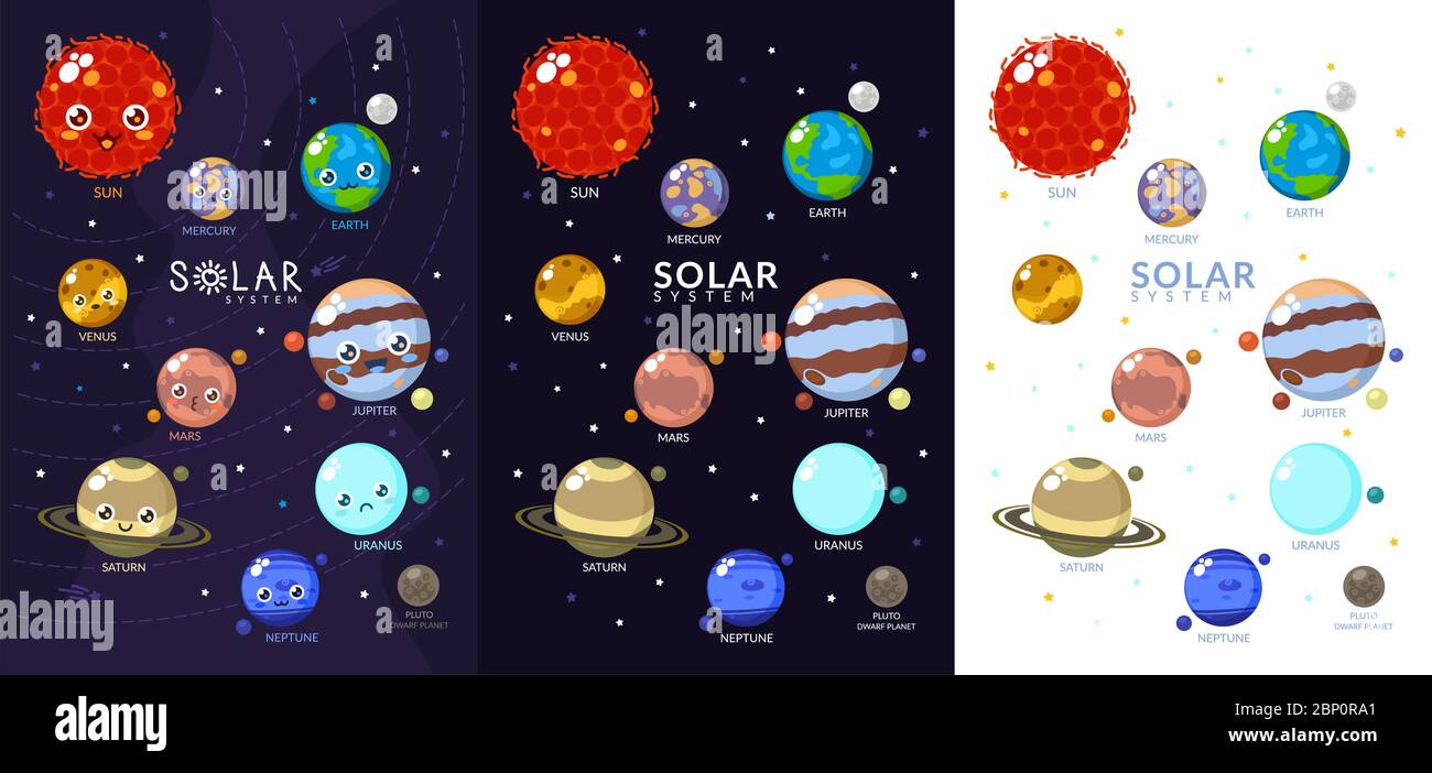 Three Variants Of Solar System With Cartoon Planets Universe For Kids Sun Mars Mercury Earth Venus Jupiter Saturn Uranus Neptune Pluto Stock Vector Image Art Alamy