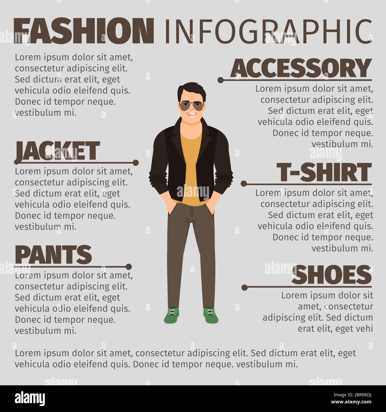 Fashion infographic with man in leather jacket. Vector illustration Stock Vector