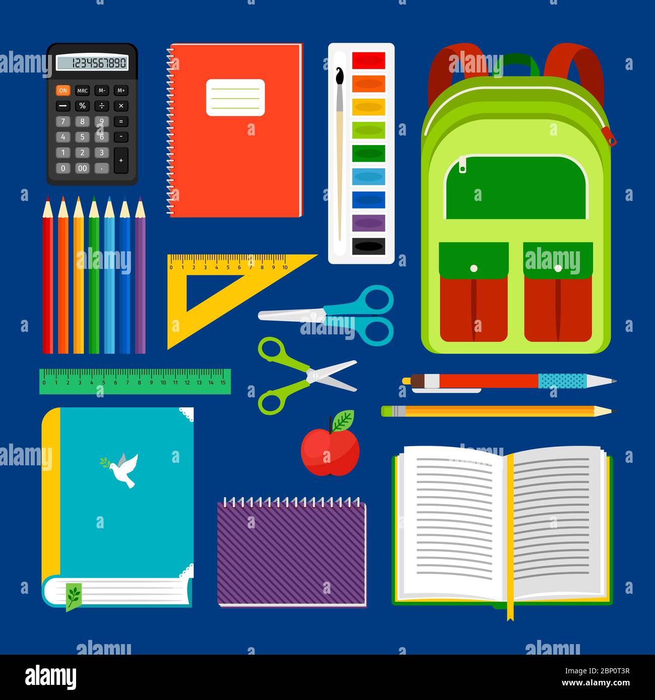 School workplace items or school equipment object collection. Backpack ...