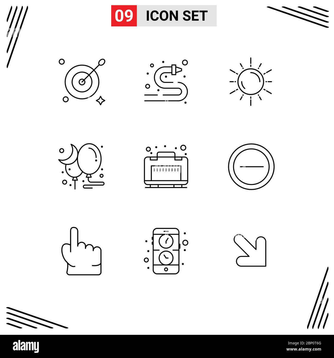Universal Icon Symbols Group of 9 Modern Outlines of luggage, party, space, night, balloon Editable Vector Design Elements Stock Vector