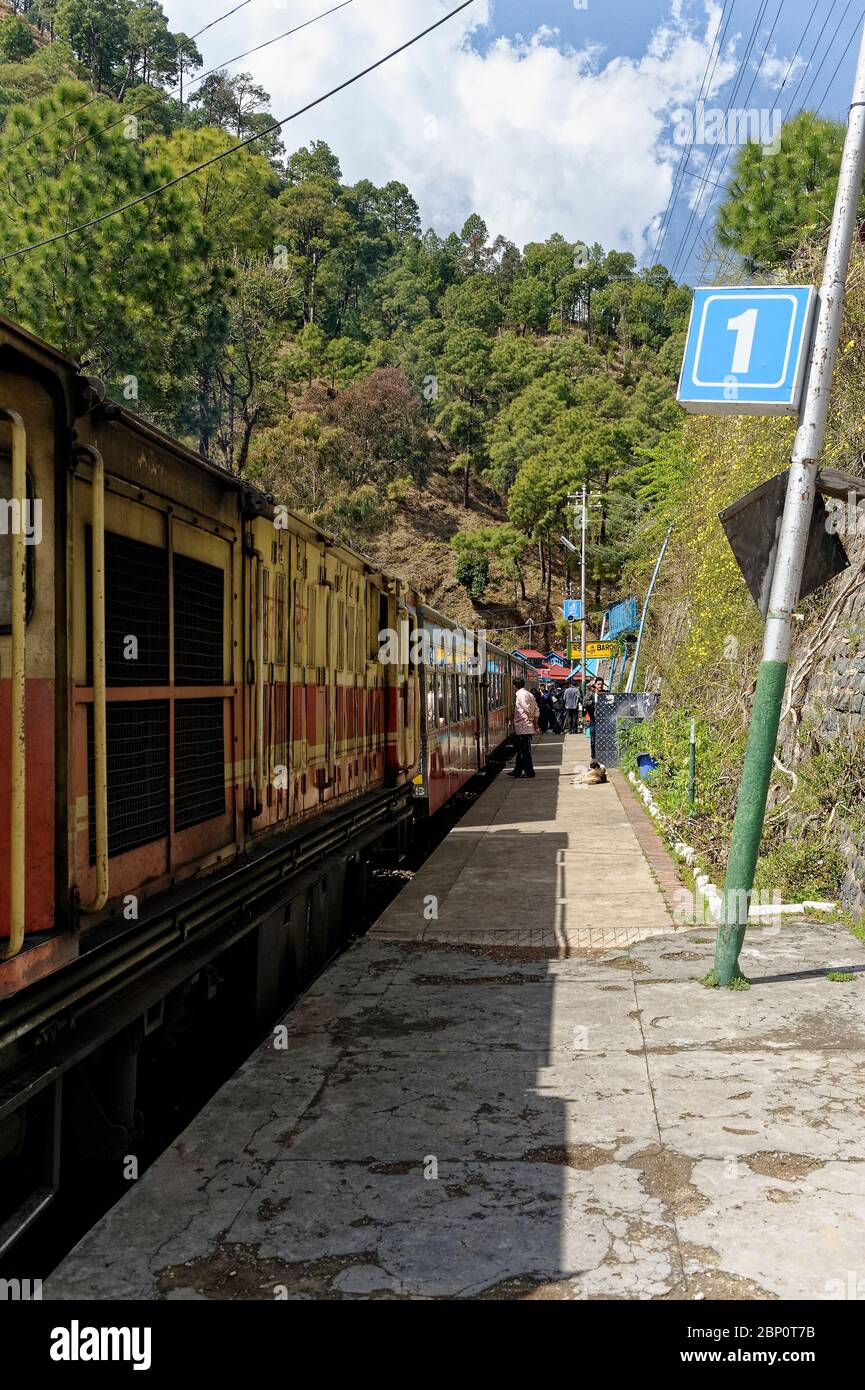 Toy train Kalka Shimla route standing on railway station of the hill
