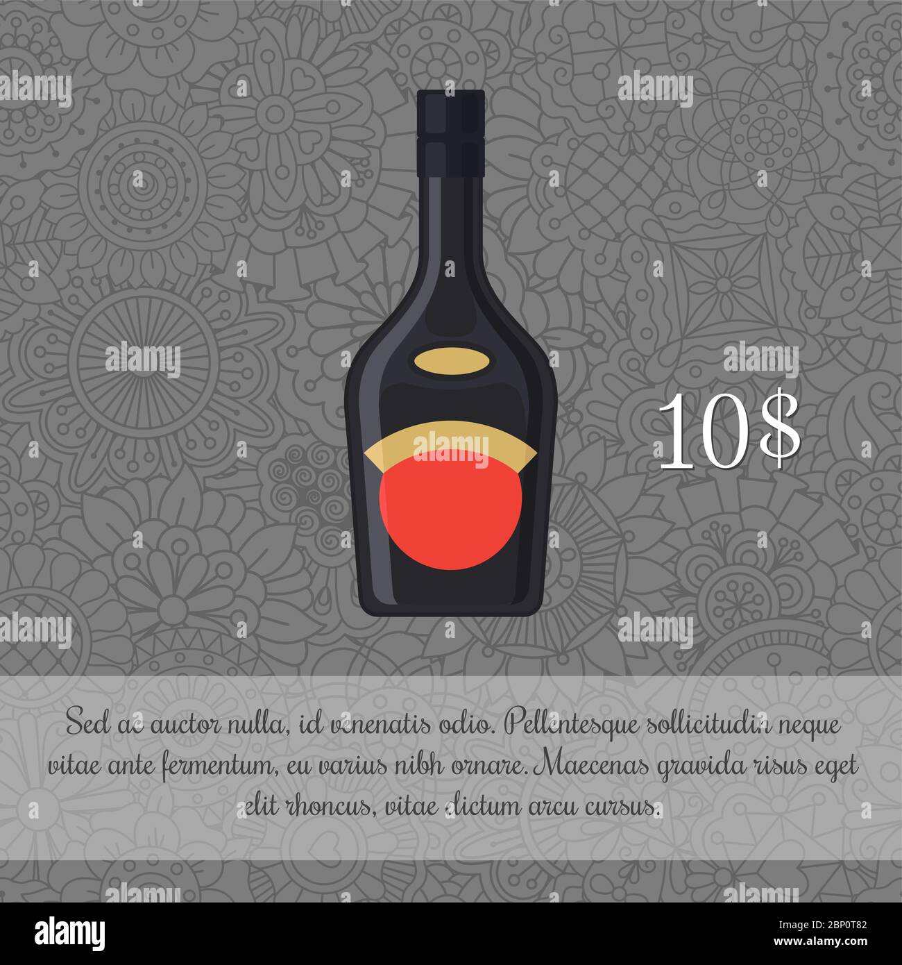 Liquor in black bottle, alcoholic beverage card template with price and patterned background. Vector illustration Stock Vector