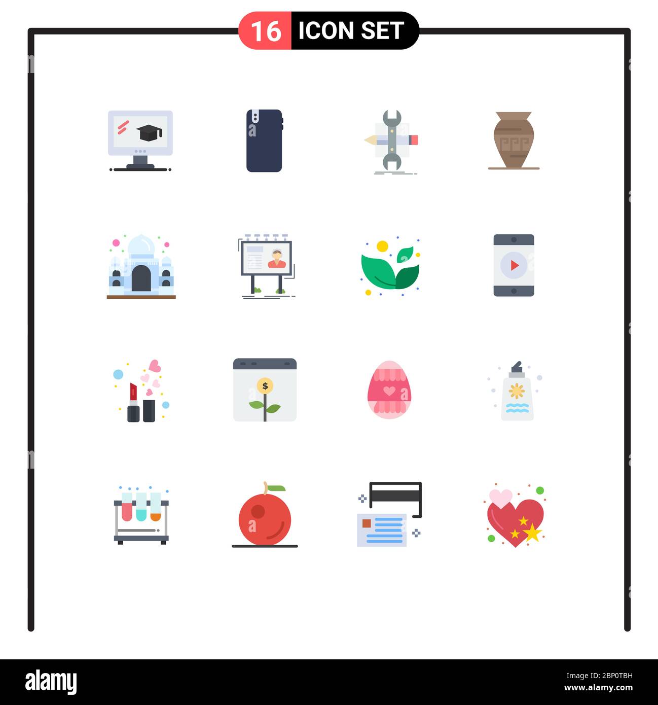 16 Universal Flat Color Signs Symbols of greece, emoji, build, ancient jar, tools Editable Pack of Creative Vector Design Elements Stock Vector