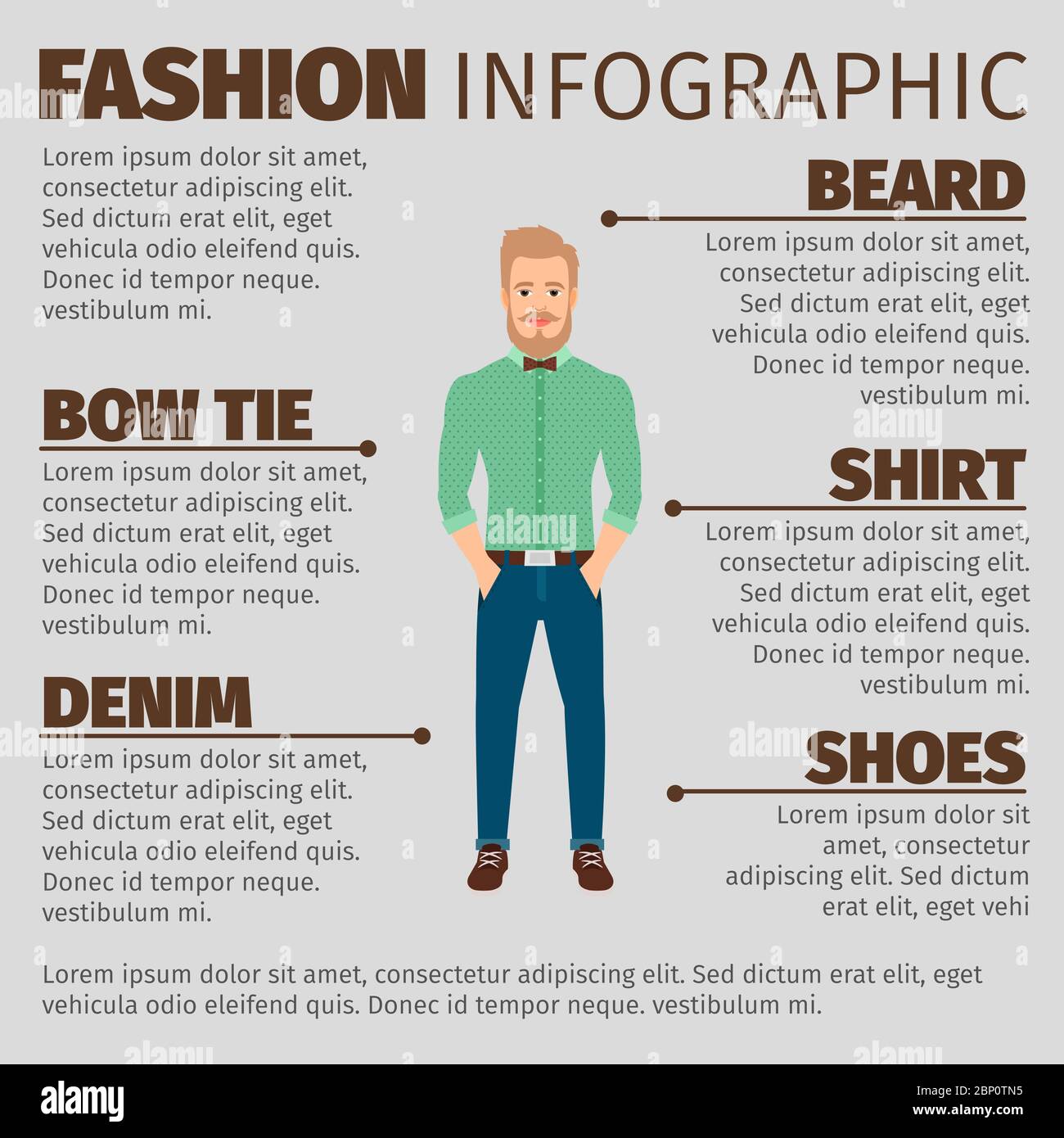 Fashion infographic with young hipster in casual clothes. Vector illustration Stock Vector