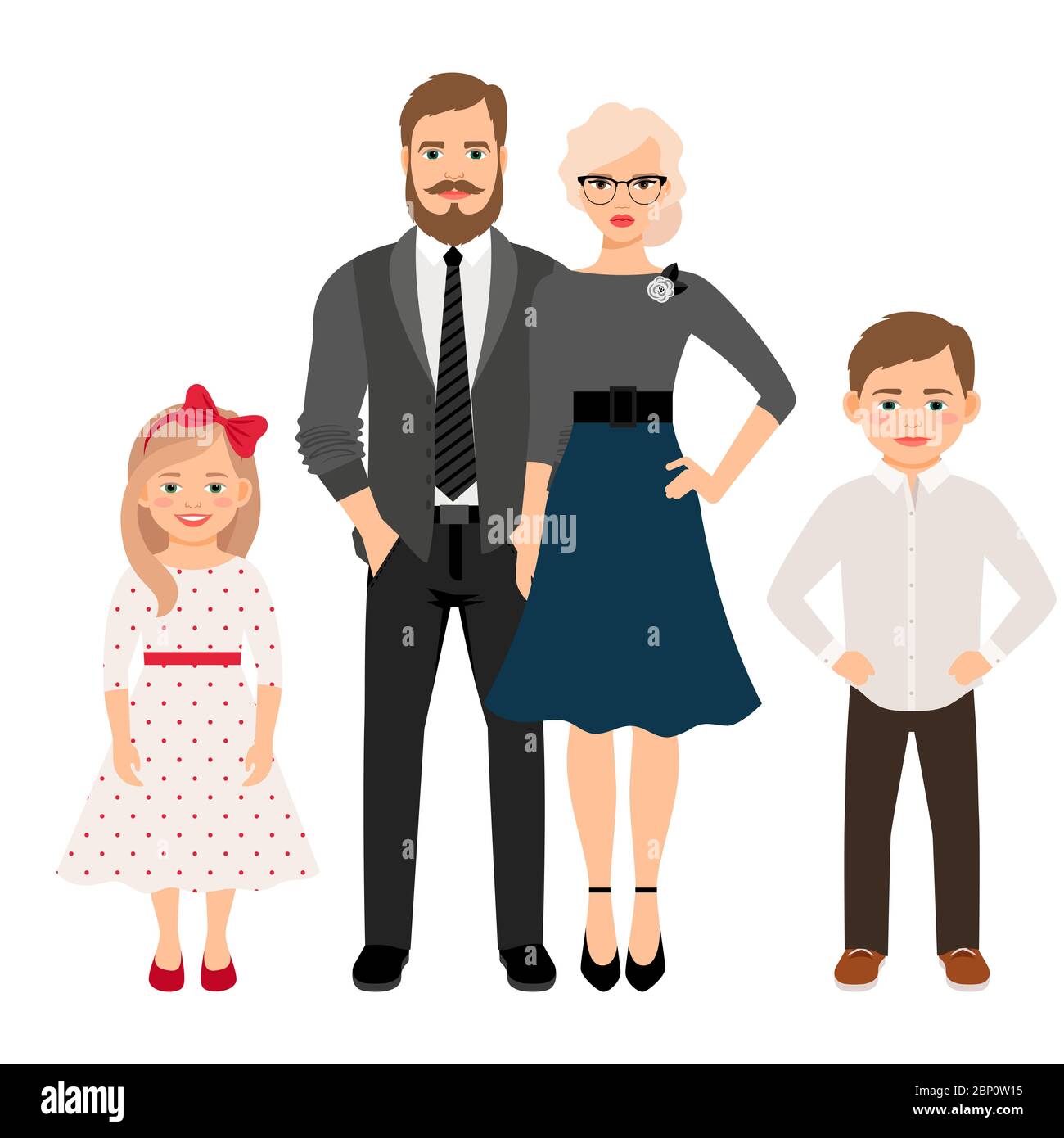 Happy family. Father, mother, son and daughter together in classic style clothes. Vector illustration Stock Vector