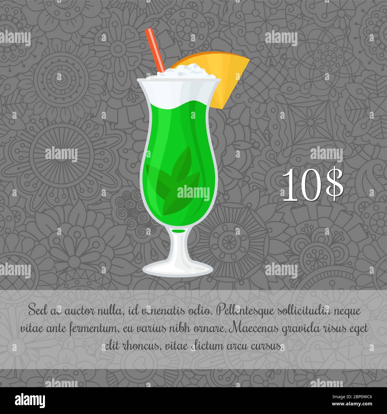 Alcoholic mint cocktail card template with price and patterned