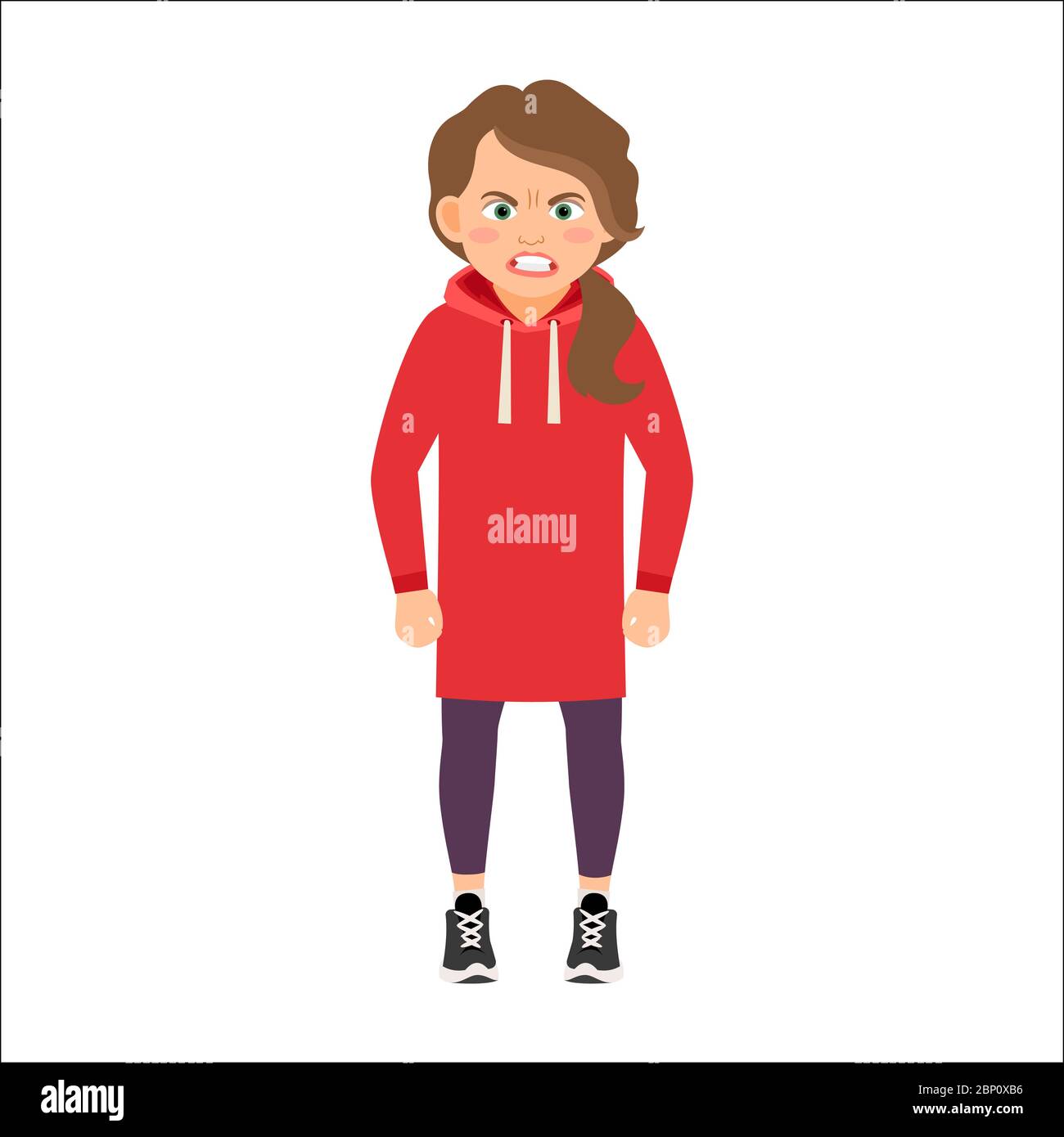 Angry girl in a red hoodie isolated vector illustration on white background Stock Vector