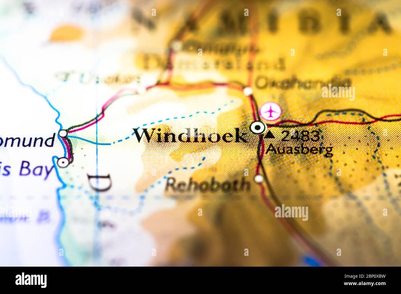 Shallow depth of field focus on geographical map location of Windhoek