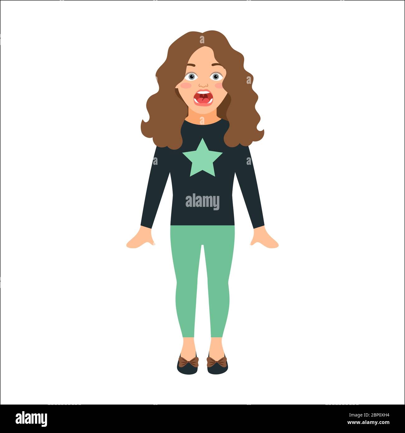 Scared girl in blue shirt with star isolated vector illustration on white background Stock Vector