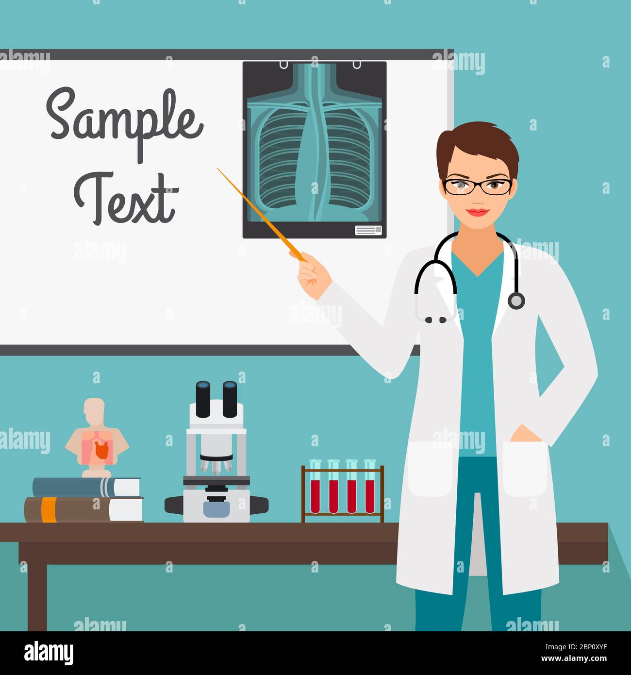 Female character of virologist medical specialists with radiology on stand. Vector illustration Stock Vector