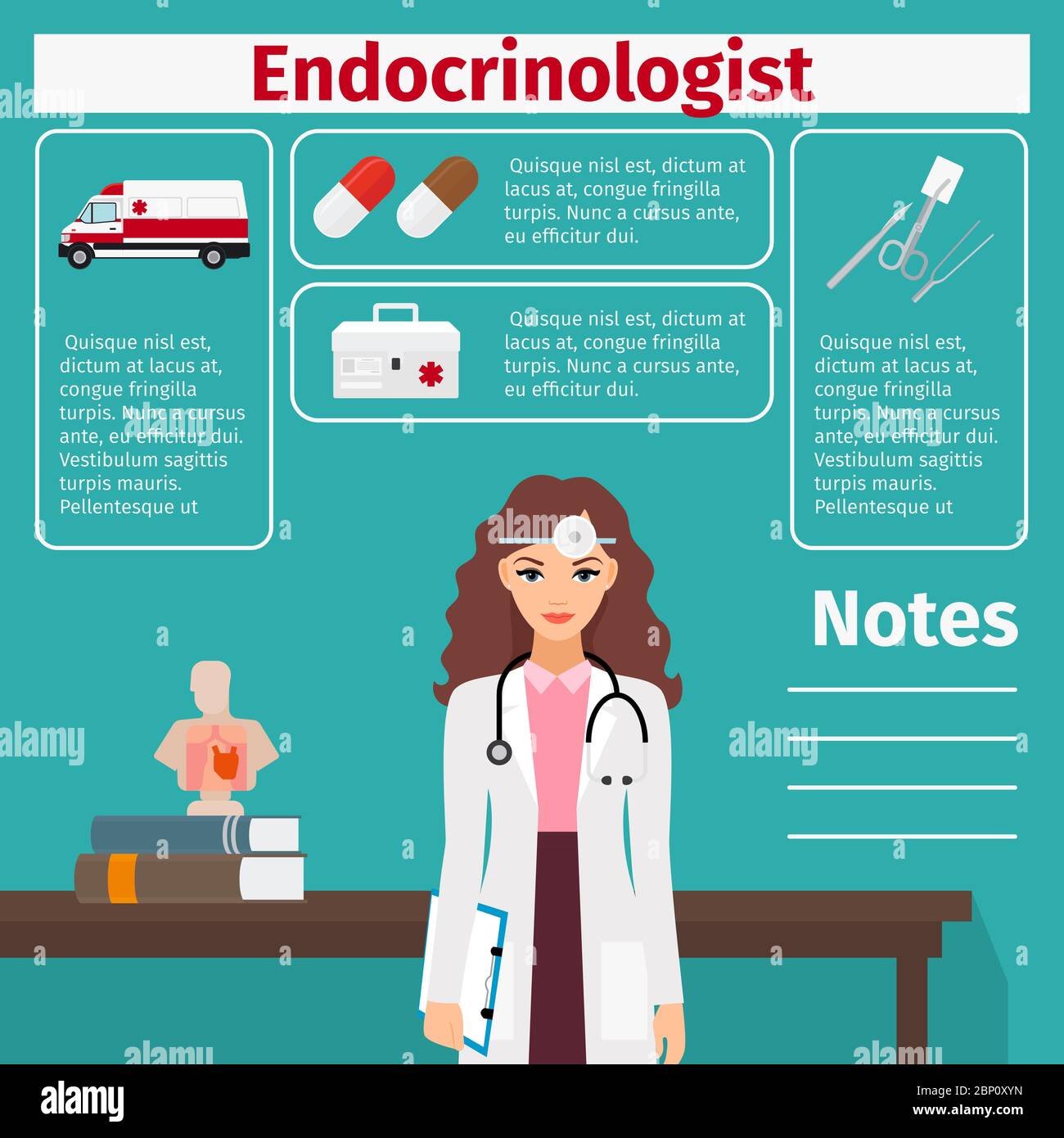 Female character of endocrinologist and medical equipment icons with