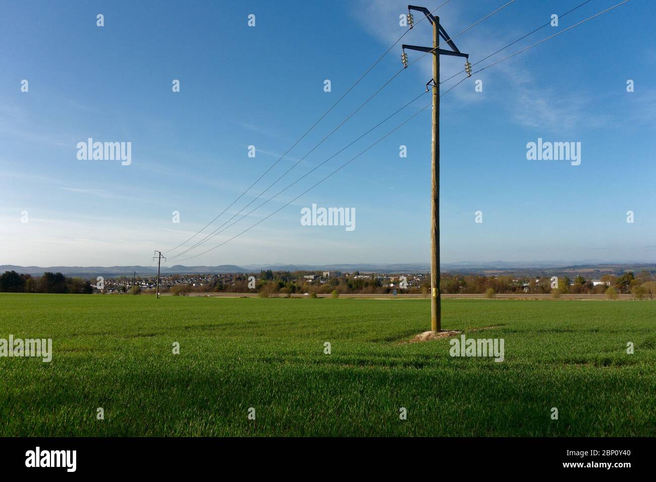 A wooden power transmission post, Perthshire, Scotland Stock Photo