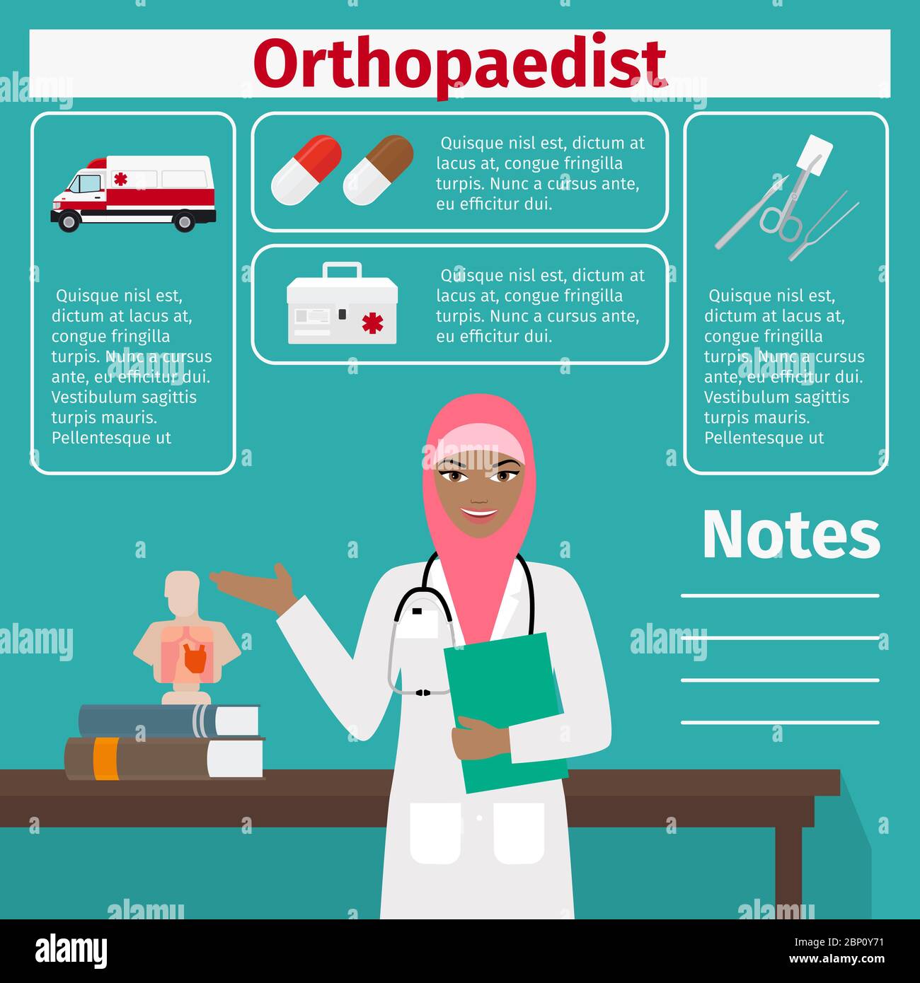 Female character of orthopaedist and medical equipment icons with infographics elements for medical and pharmaceutical industry. Vector illustration Stock Vector