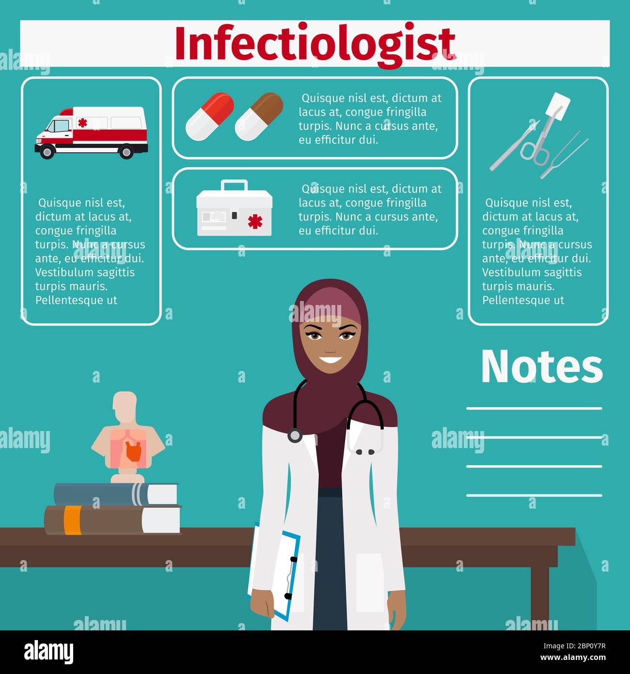 Female character of infectiologist and medical equipment icons with infographics elements for medical and pharmaceutical industry. Vector illustration Stock Vector