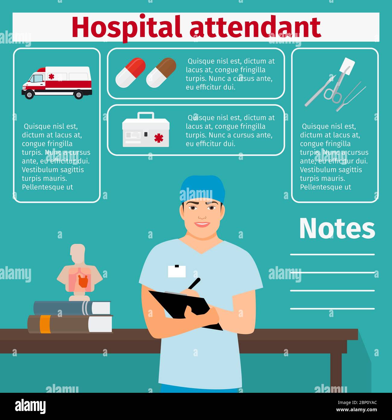 Hospital attendant and medical equipment icons with infographics