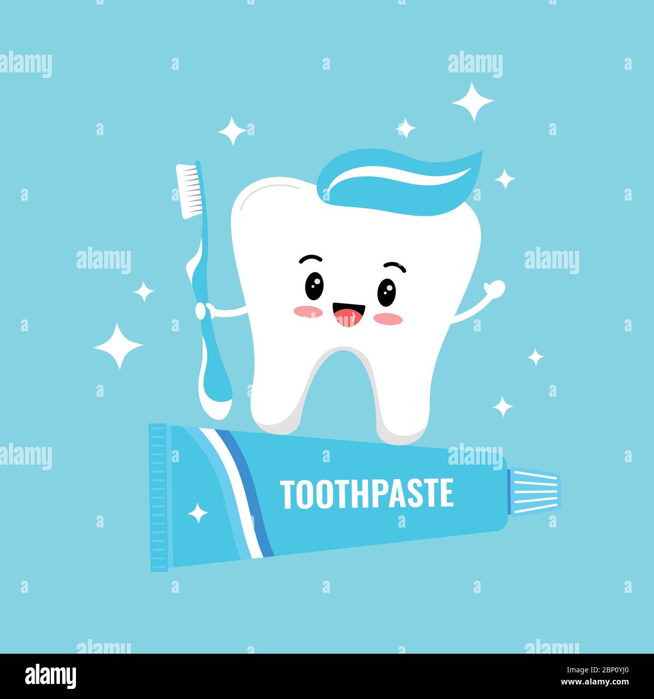 Cute white tooth emoji holding toothbrush stand on toothpaste Stock