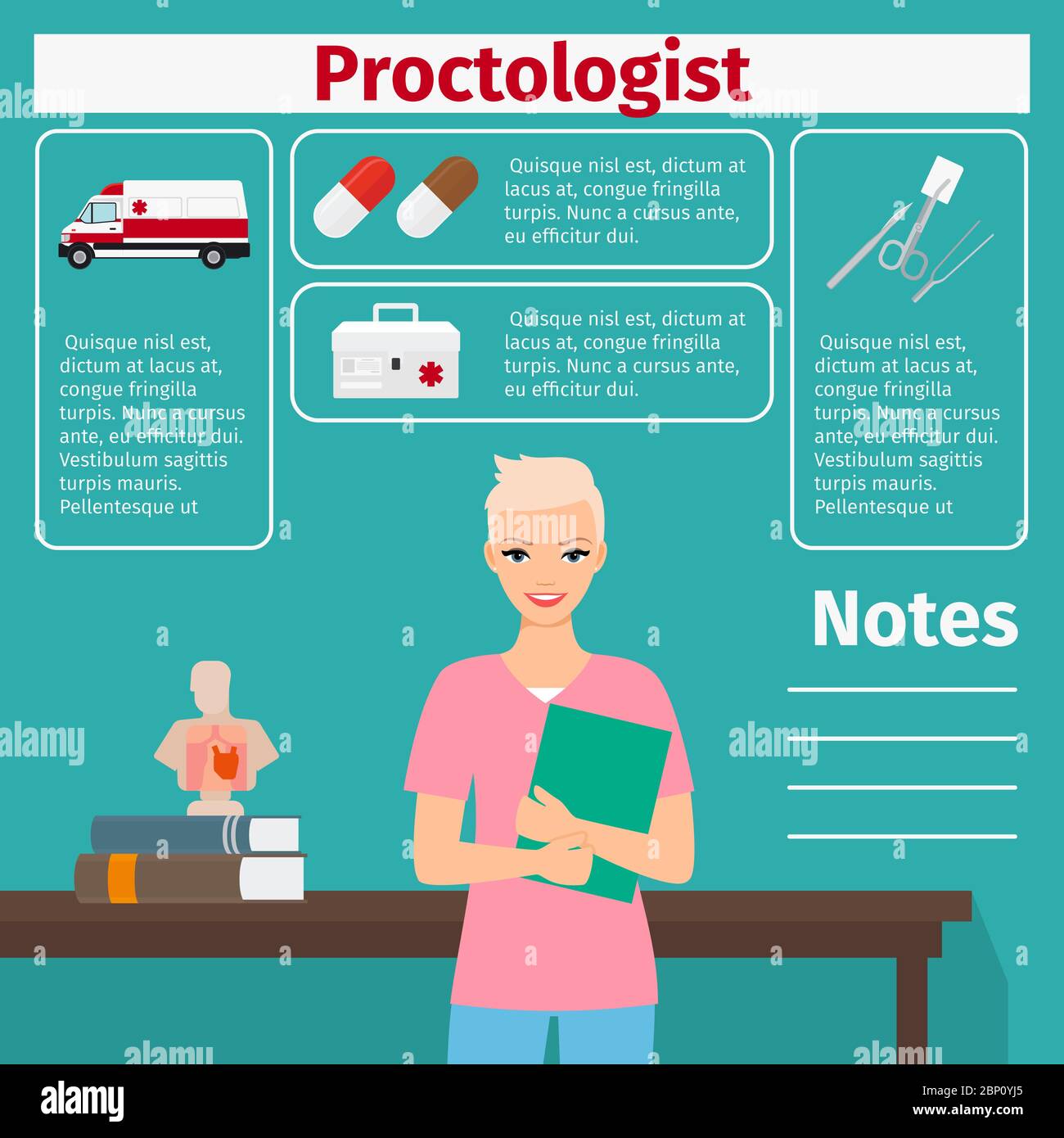 Proctologist and medical equipment icons with infographics elements for ...