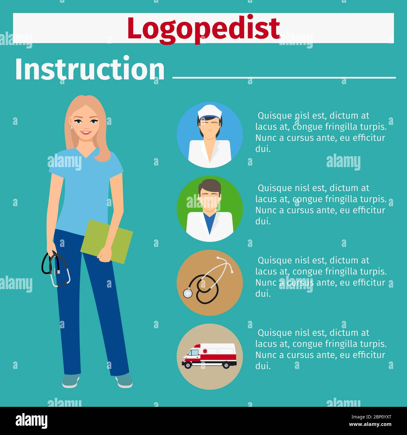 Medical equipment instruction manuals with icons for logopedist. Vector illustration Stock