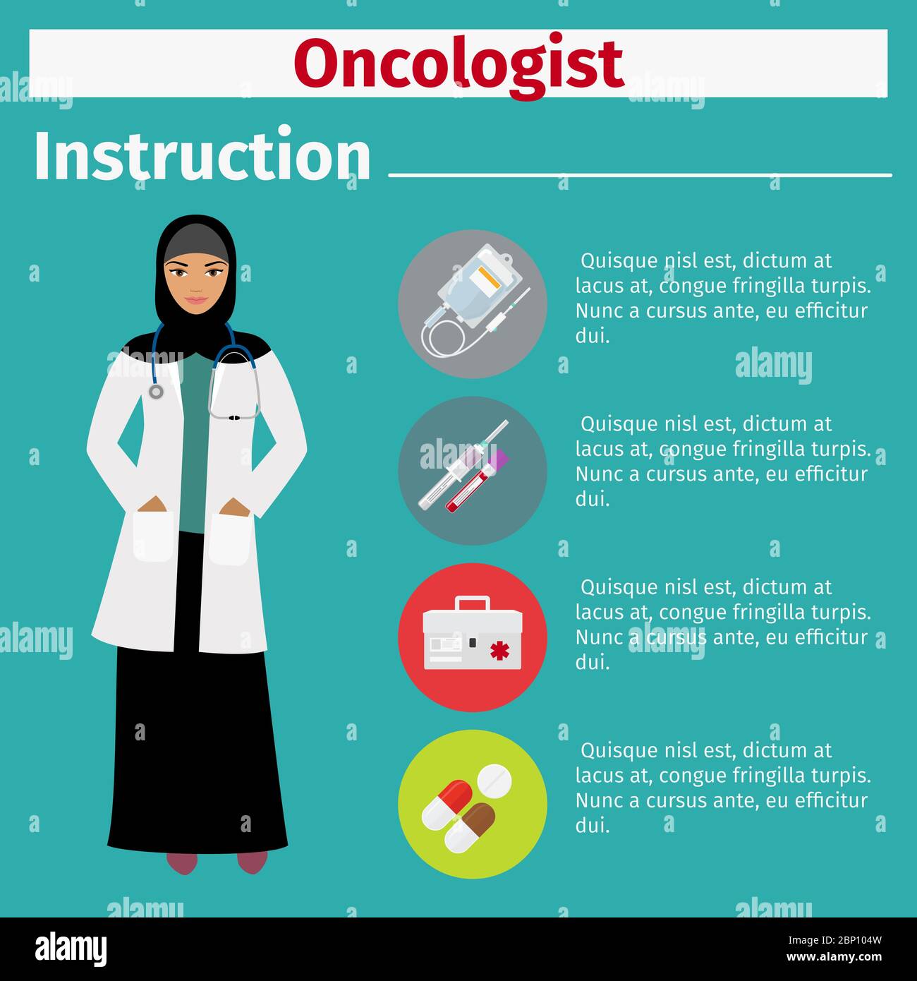 Medical equipment instruction manuals with icons for oncologist. Vector illustration Stock
