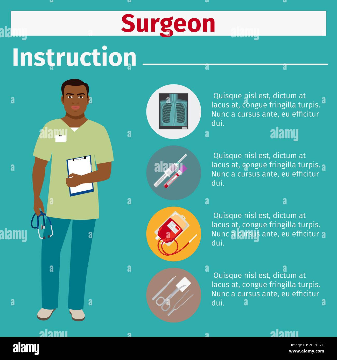 Medical equipment instruction manuals with icons for surgeon. Vector