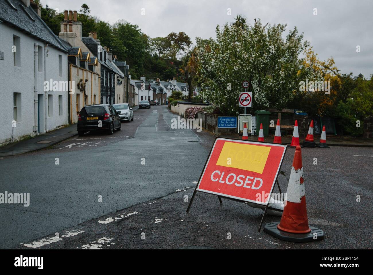 Closed sign in the Highland village of Plockton, where there are no tourists due to the Coronavirus pandemic lockdown. Stock Photo