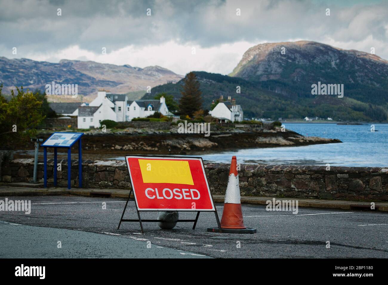 Closed sign in the Highland village of Plockton, where there are no tourists due to the Coronavirus pandemic lockdown. Stock Photo