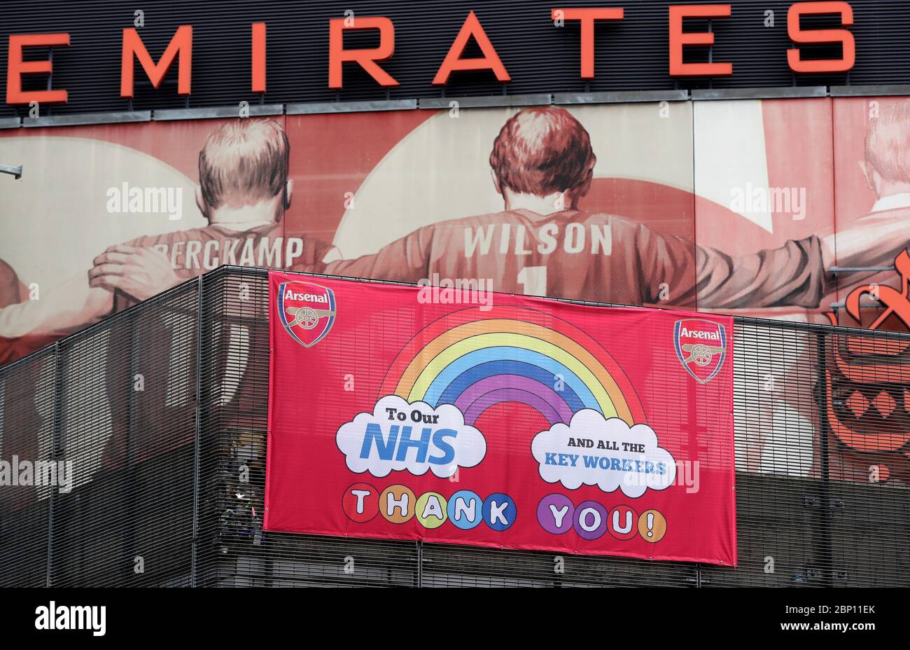 An NHS banner outside Emirates Stadium, home of Arsenal, today should have seen Arsenal take on Watford in what would have been their final Premier League game of the 19/20 season. Stock Photo