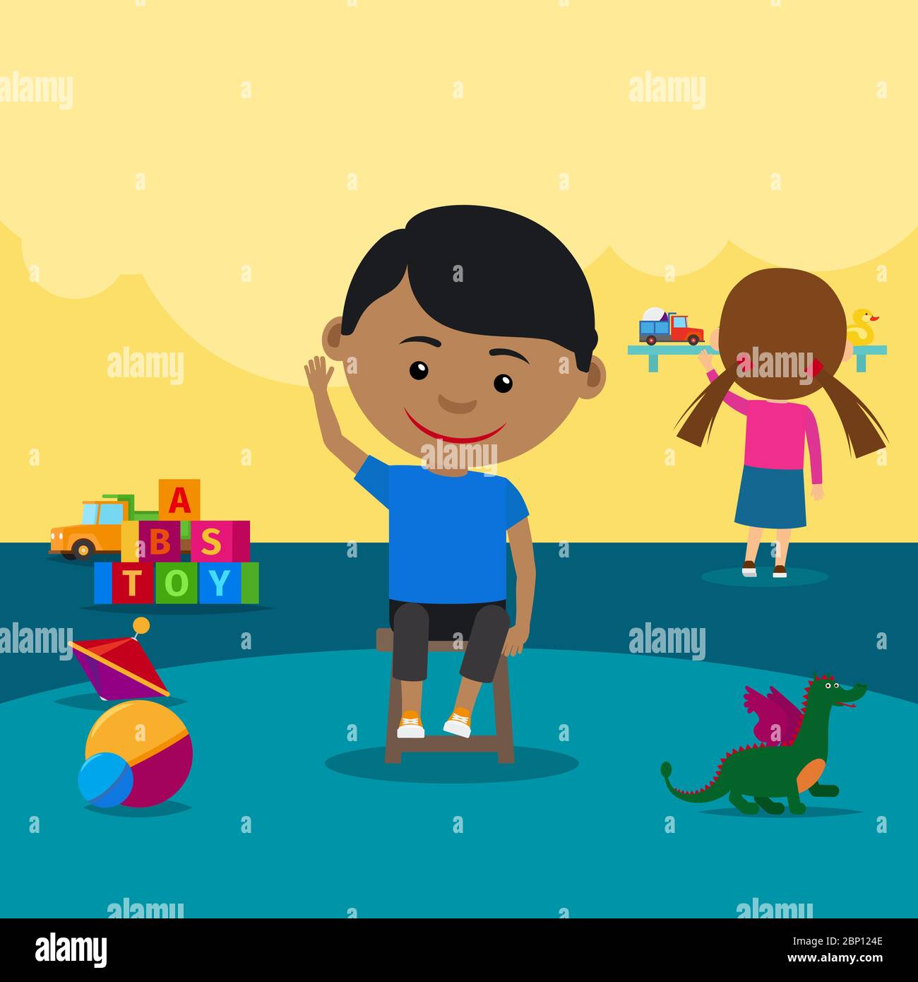 Indian Boy In Kindergrden Sitting On A Chair Vector Illustration Stock Vector Image Art Alamy