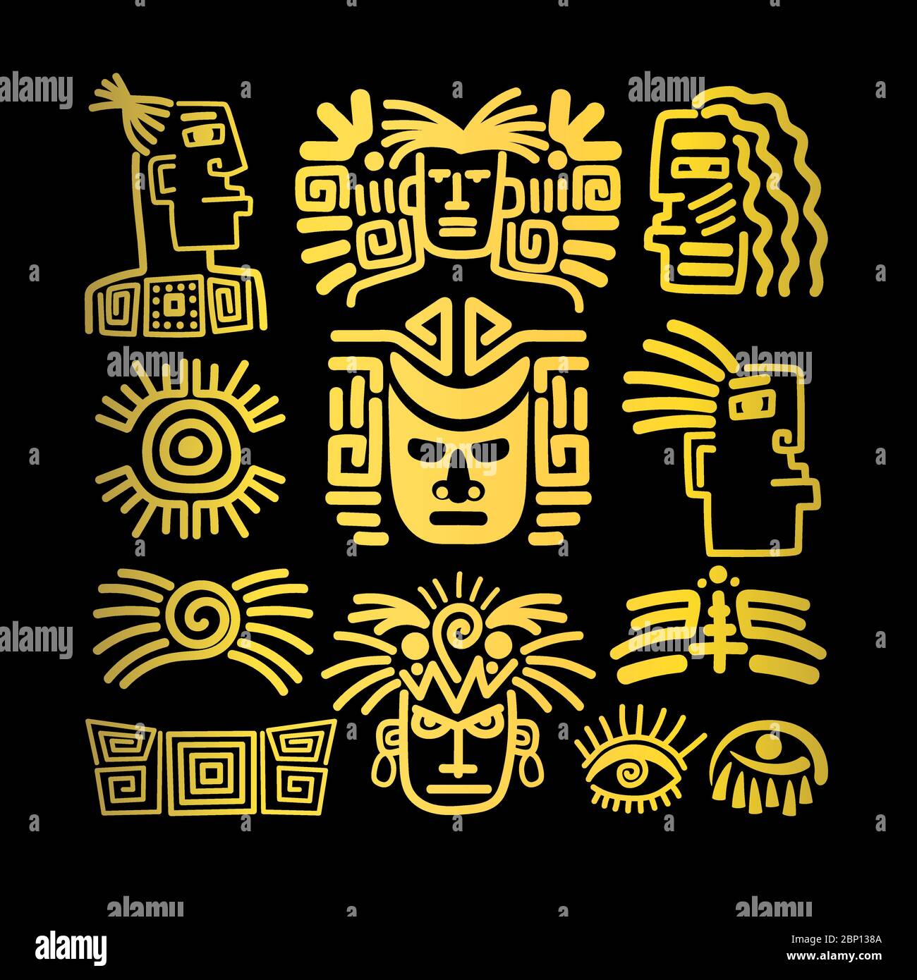 Tribal face drawings set, golden symbols, vector illustration Stock Vector