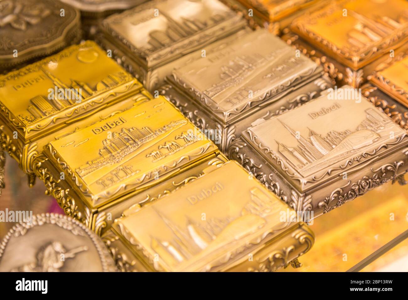 Souvenir Gold Plated Keepsake Boxes, Dubai Mall, Dubai, United Arab Emirates Stock Photo