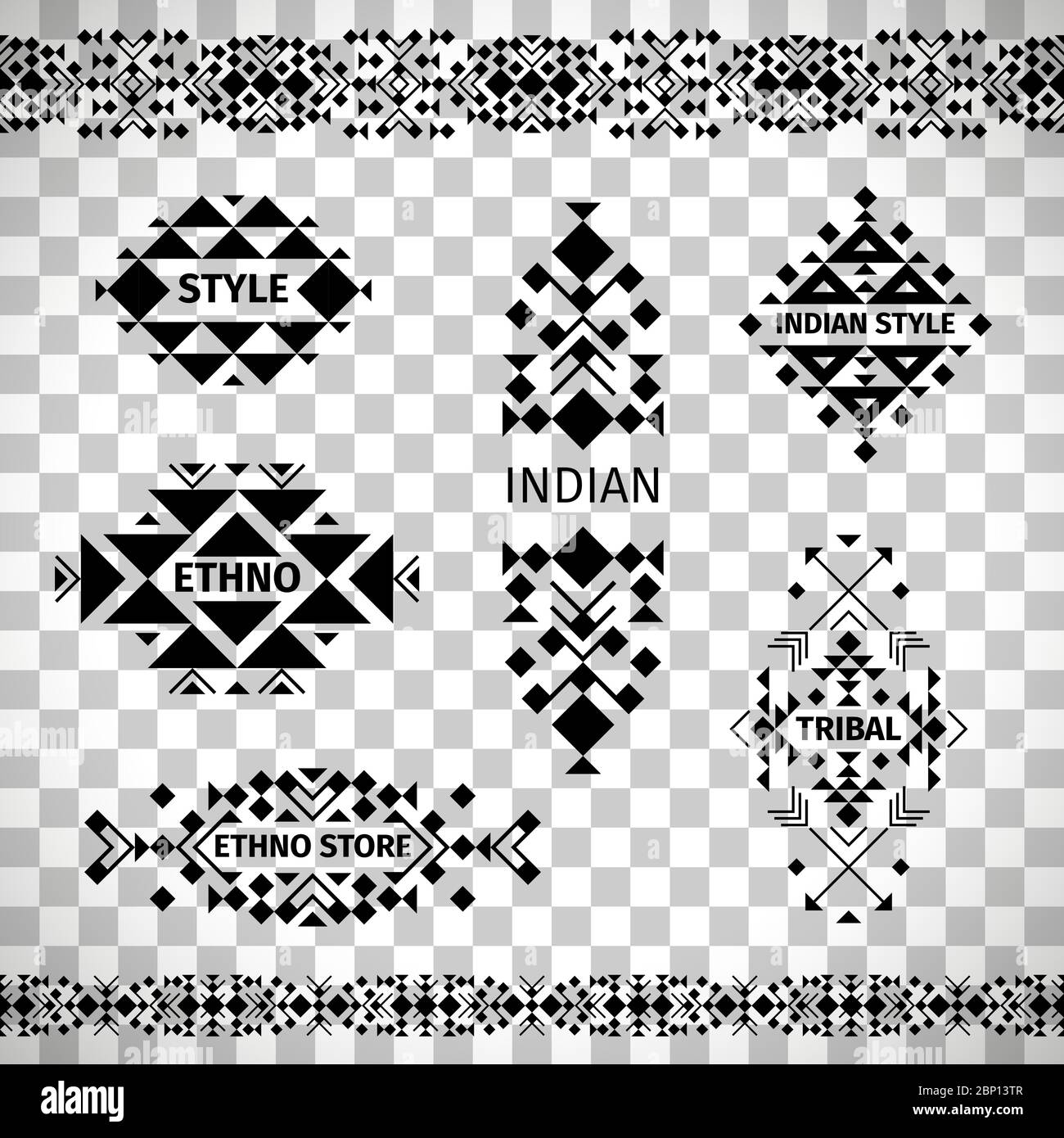 Ethno shop labels or tribal store emblems vector set isolated on transparent background Stock Vector