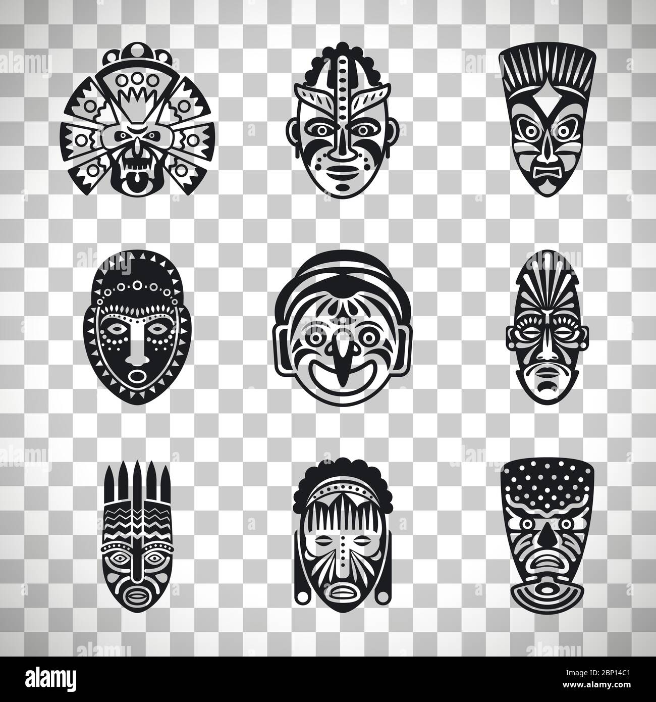 Tribal mask icons, ethnic masks vector isolated on transparent background Stock Vector