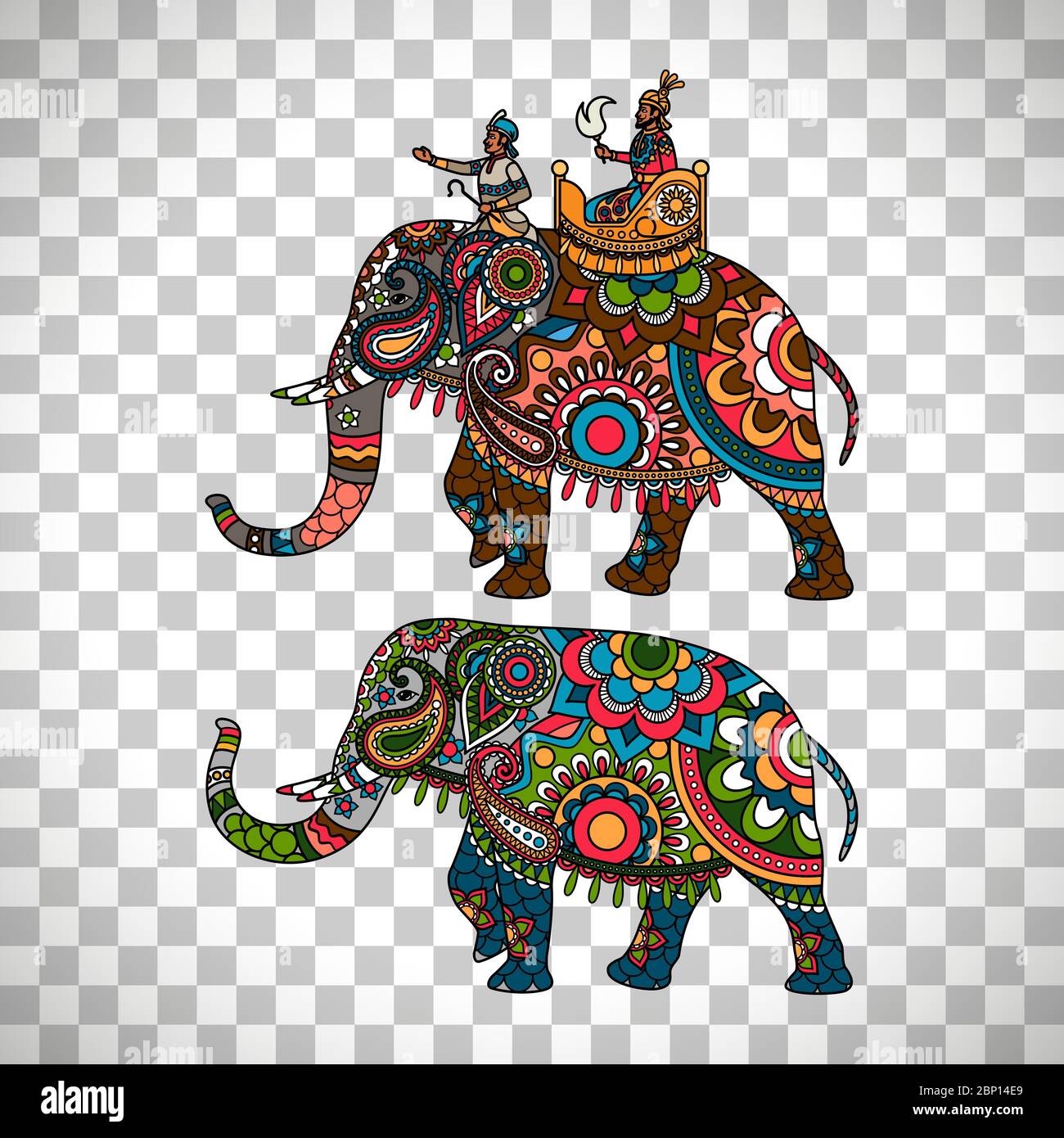 Colorful indian elephant isolated on transparent background, vector