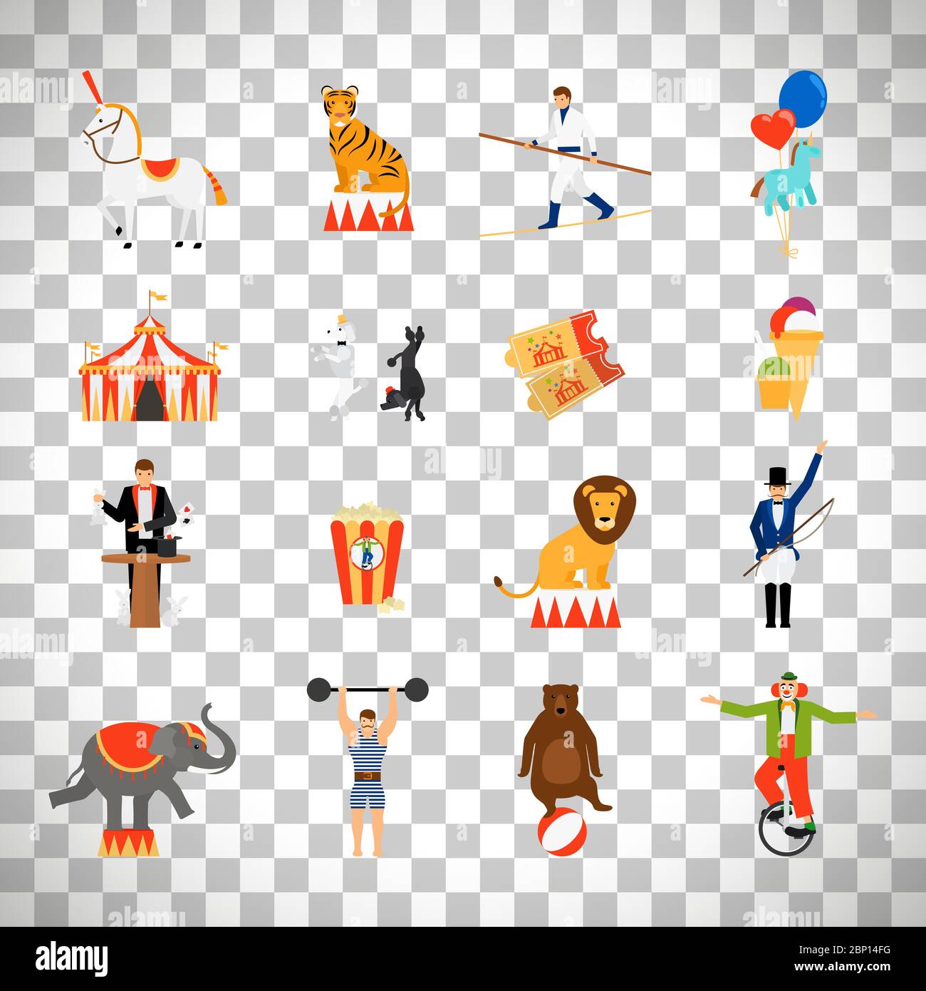 Circus vector flat icons isolated on transparent background, vector ...