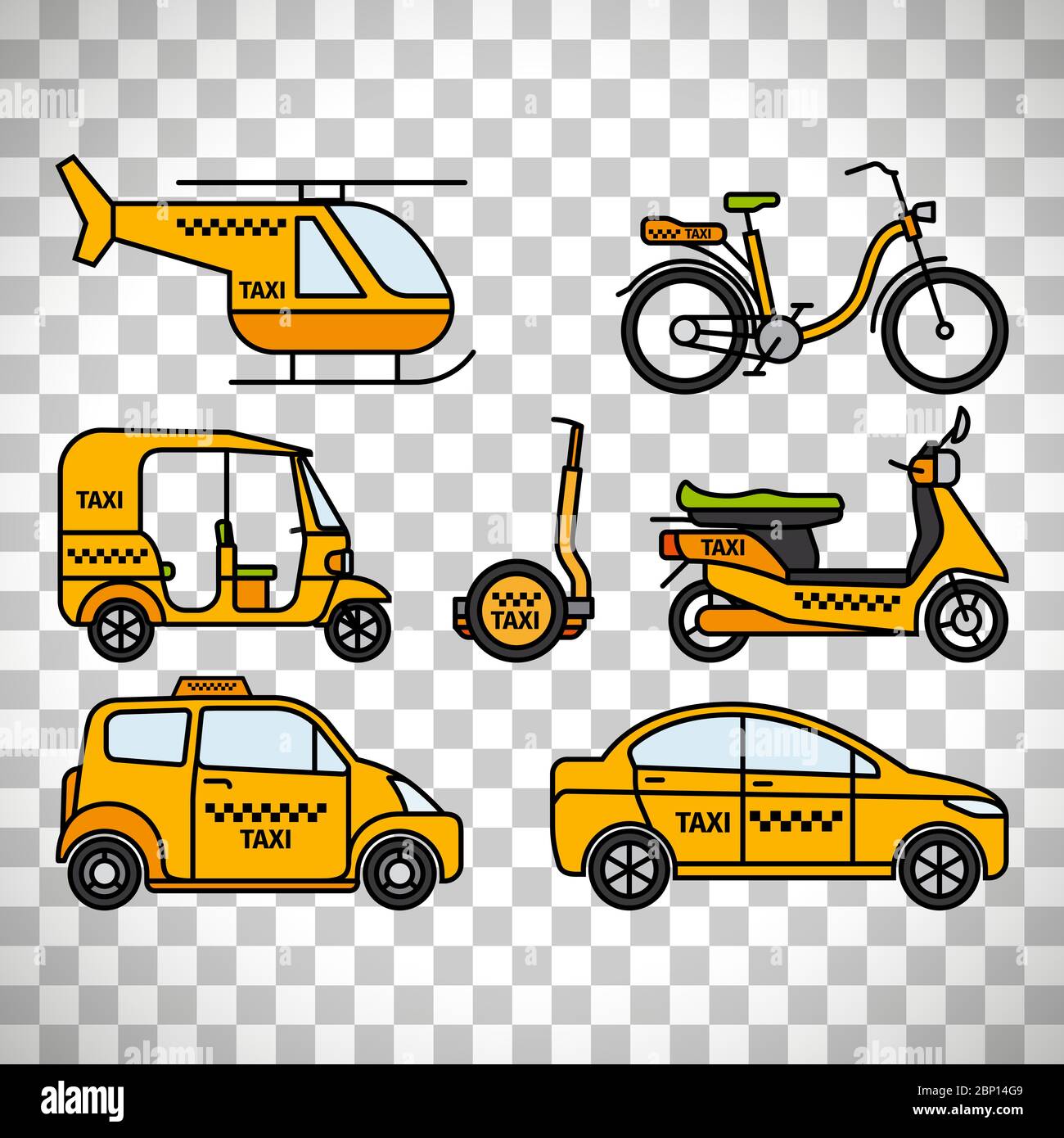 Taxicab and london cab, baby taxi and tuk-tuk rickshaw, helicopter taxi and bicycle taxi isolated on transparent background Stock Vector