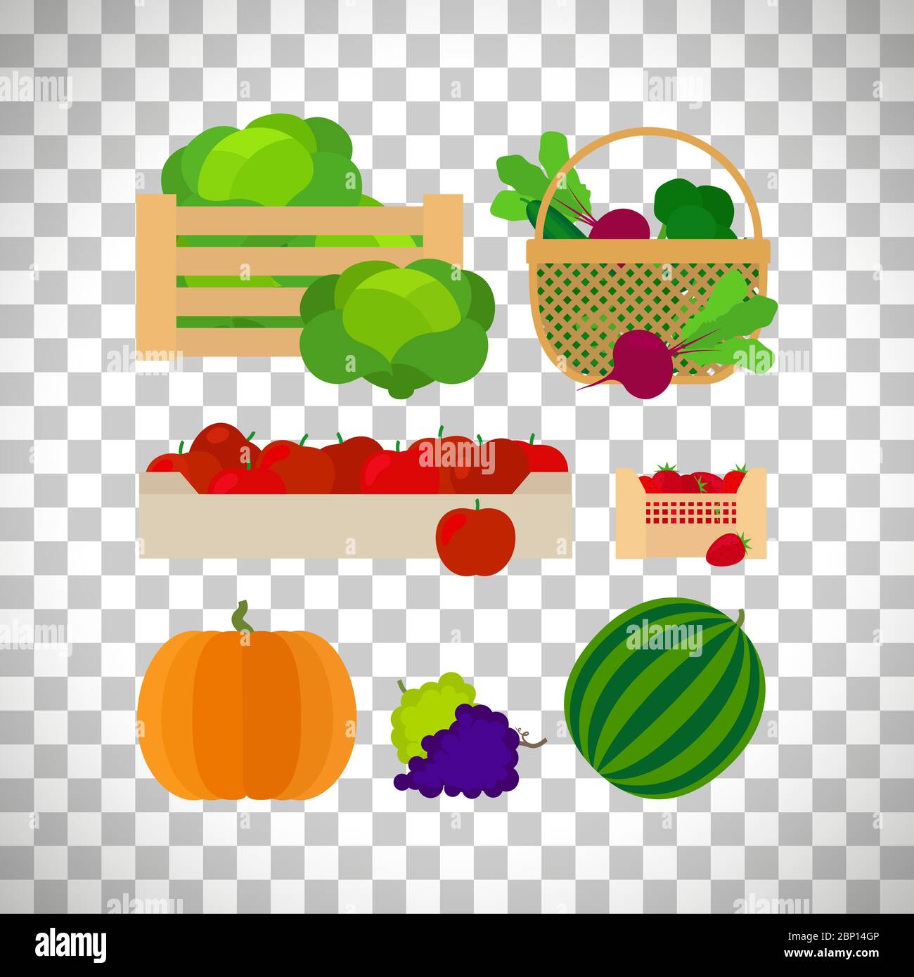 Farm baskets with vegetables and fruits isolated on transparent