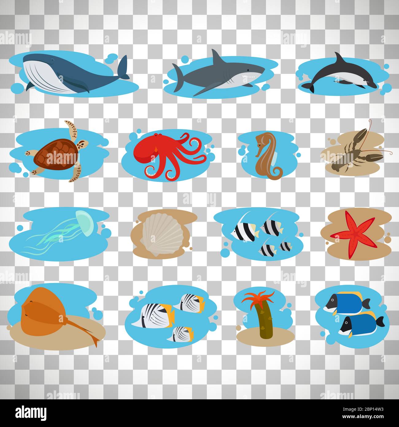 Sea animals flat icons set isolated on transparent background, vector illustration Stock Vector