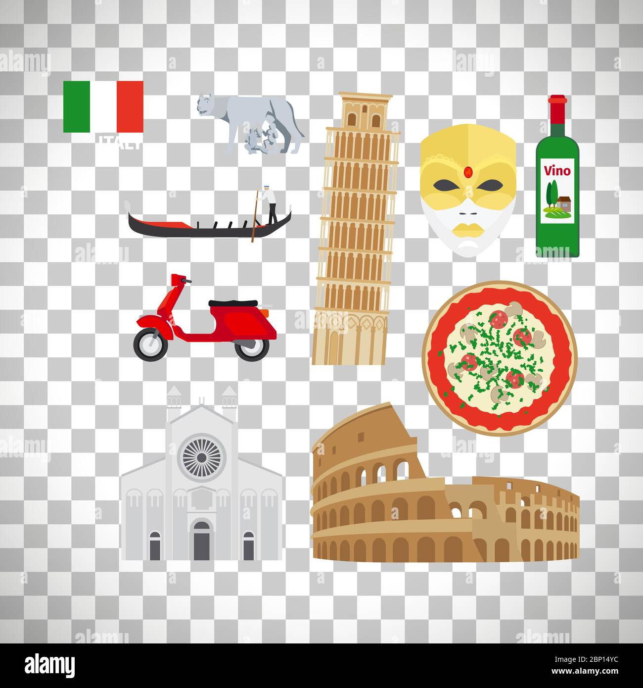 Italy flat icons set isolated on transparent background, vector ilustration Stock Vector