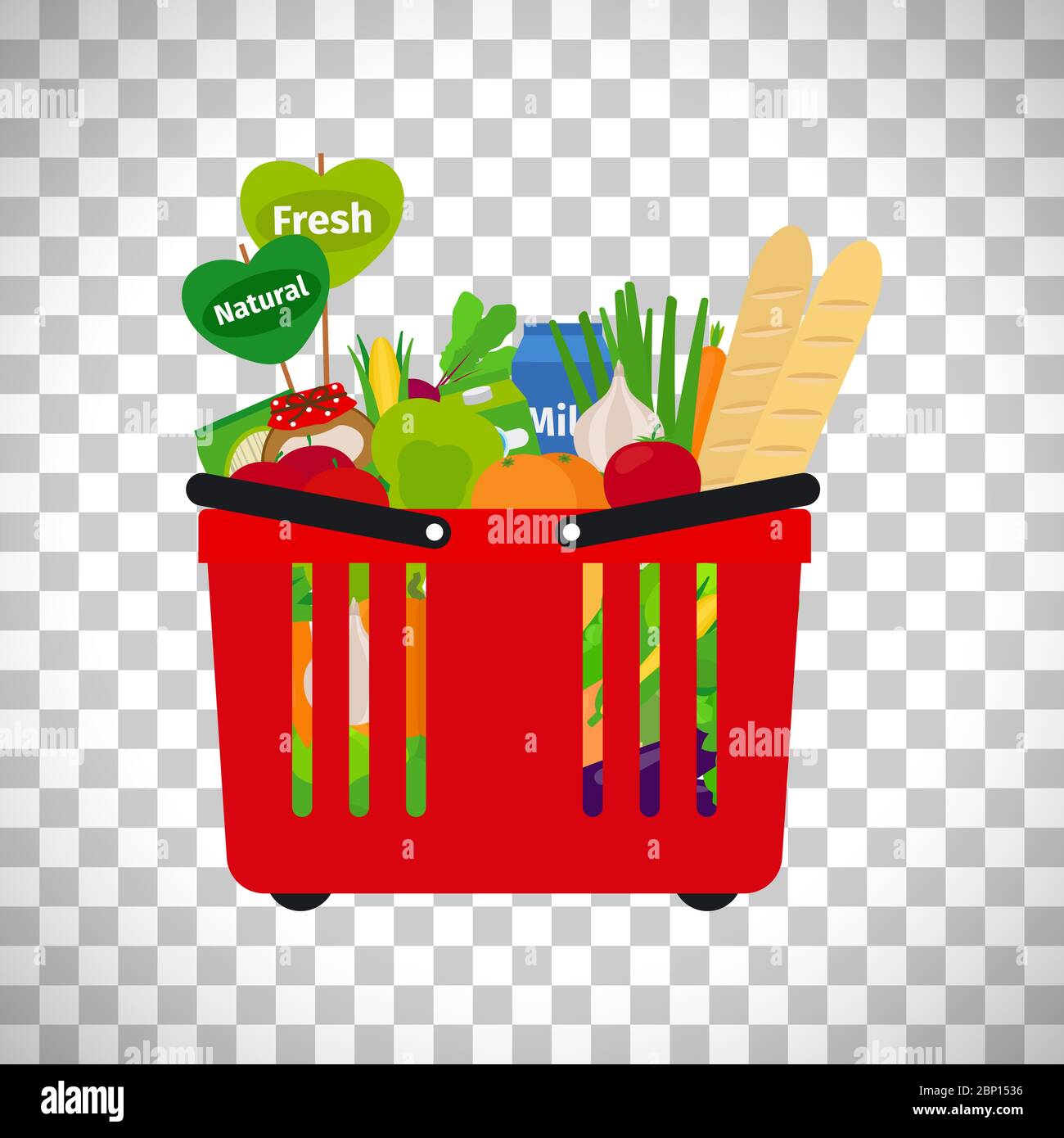 Supermarket shopping basket with natural fresh food isolated on