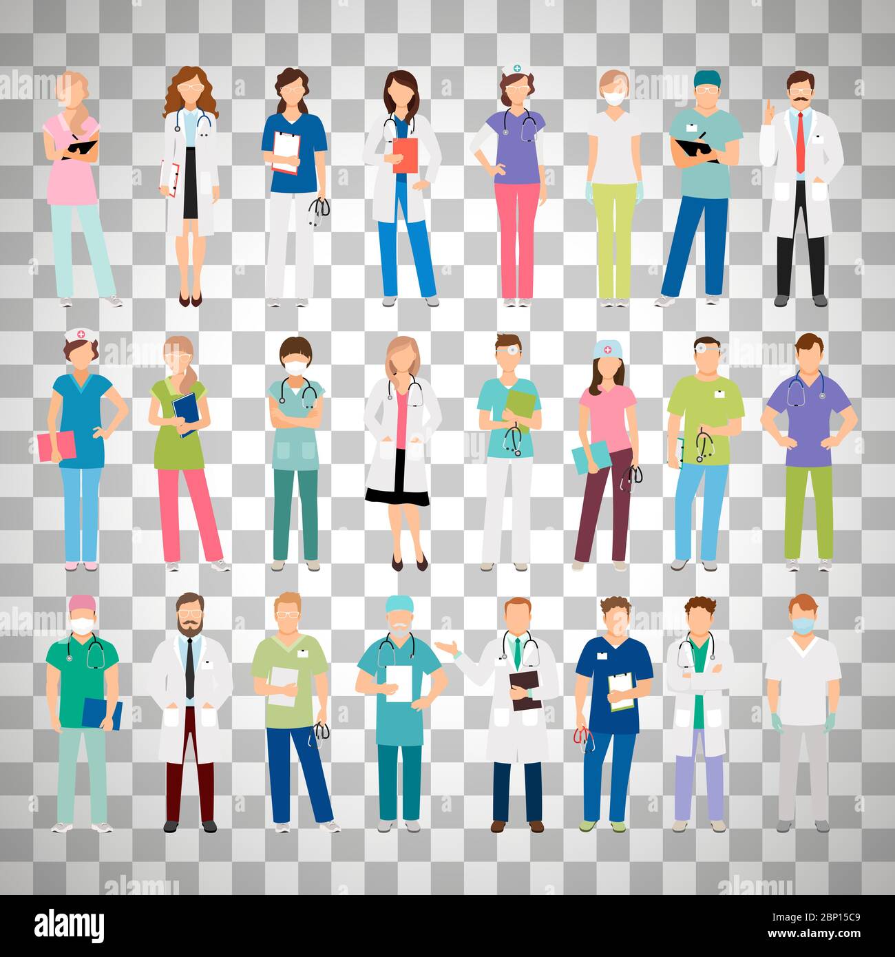 Female and male doctors and women and man nurse set vector illustration isolated on transparent background. Vector healthcare hospital medical team Stock Vector