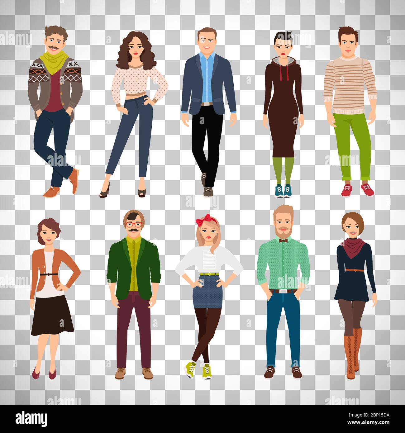 Handsome cute cartoon young fashion people isolated on transparent  background. Casual wear men and women vector illustration Stock Vector  Image & Art - Alamy