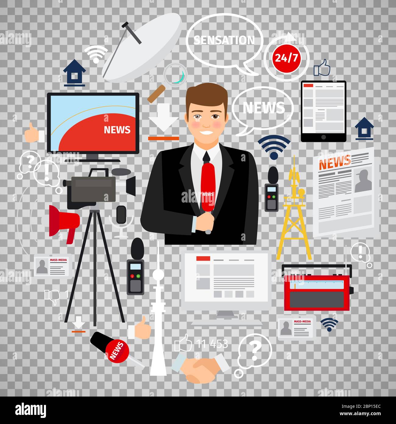 News concept with flat journalist and mass media icons arranged in curcle shape isolated on transparent background. Vector illustration Stock Vector