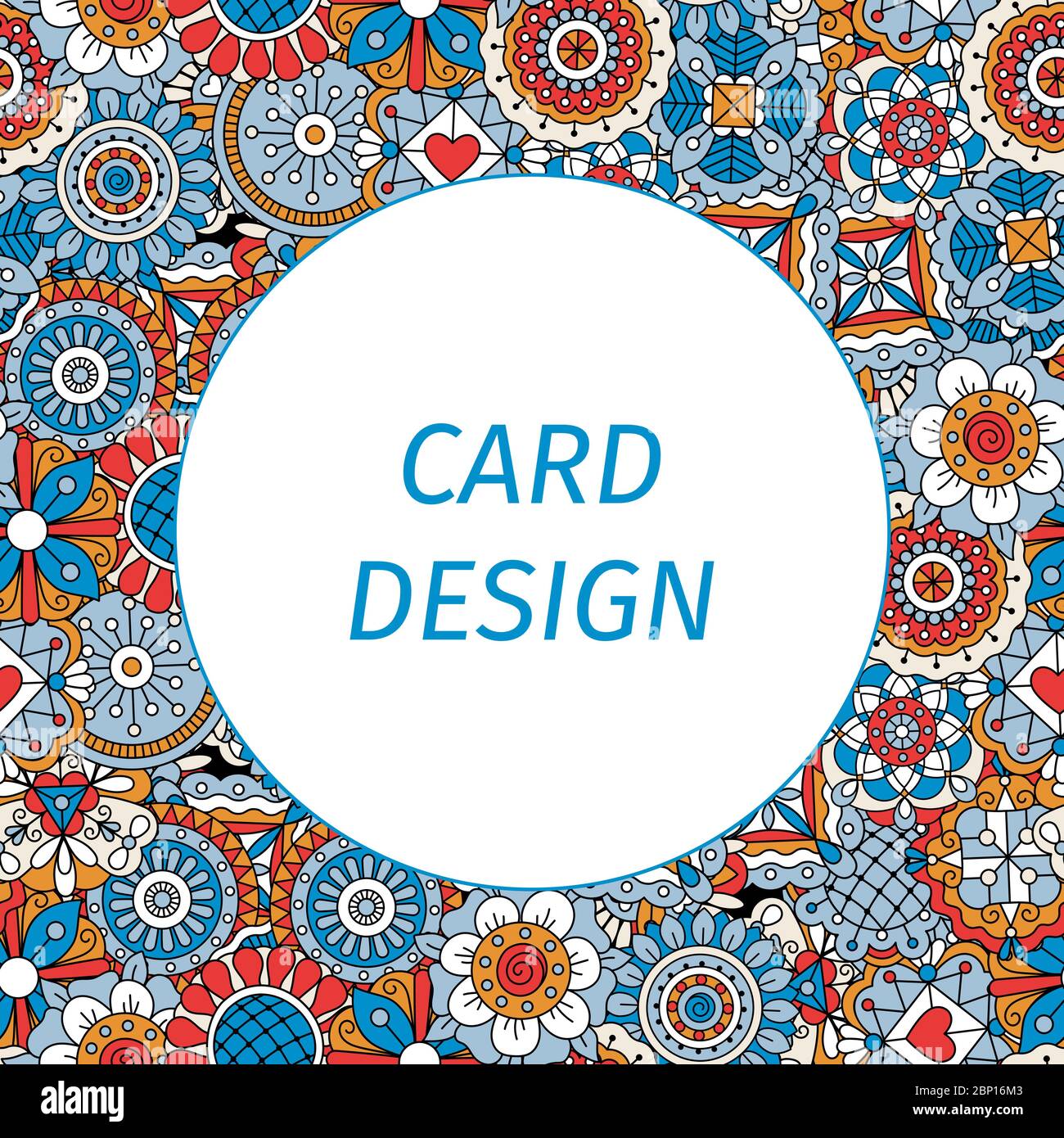 Card design with mandala style flowers blue and red decorative pattern ...