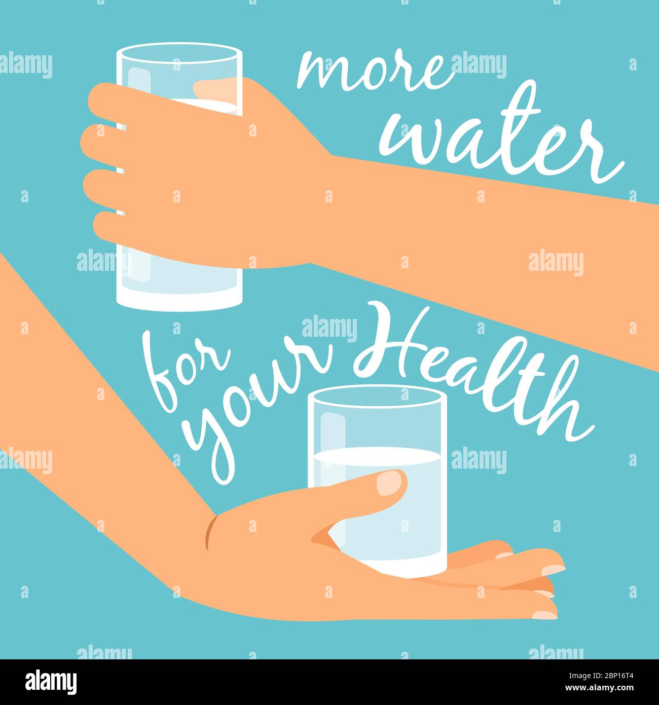Drink More Water For Health Poster. Glasses With Water In Hands On Blue Background Vector Illustration Stock Vector Image & Art - Alamy
