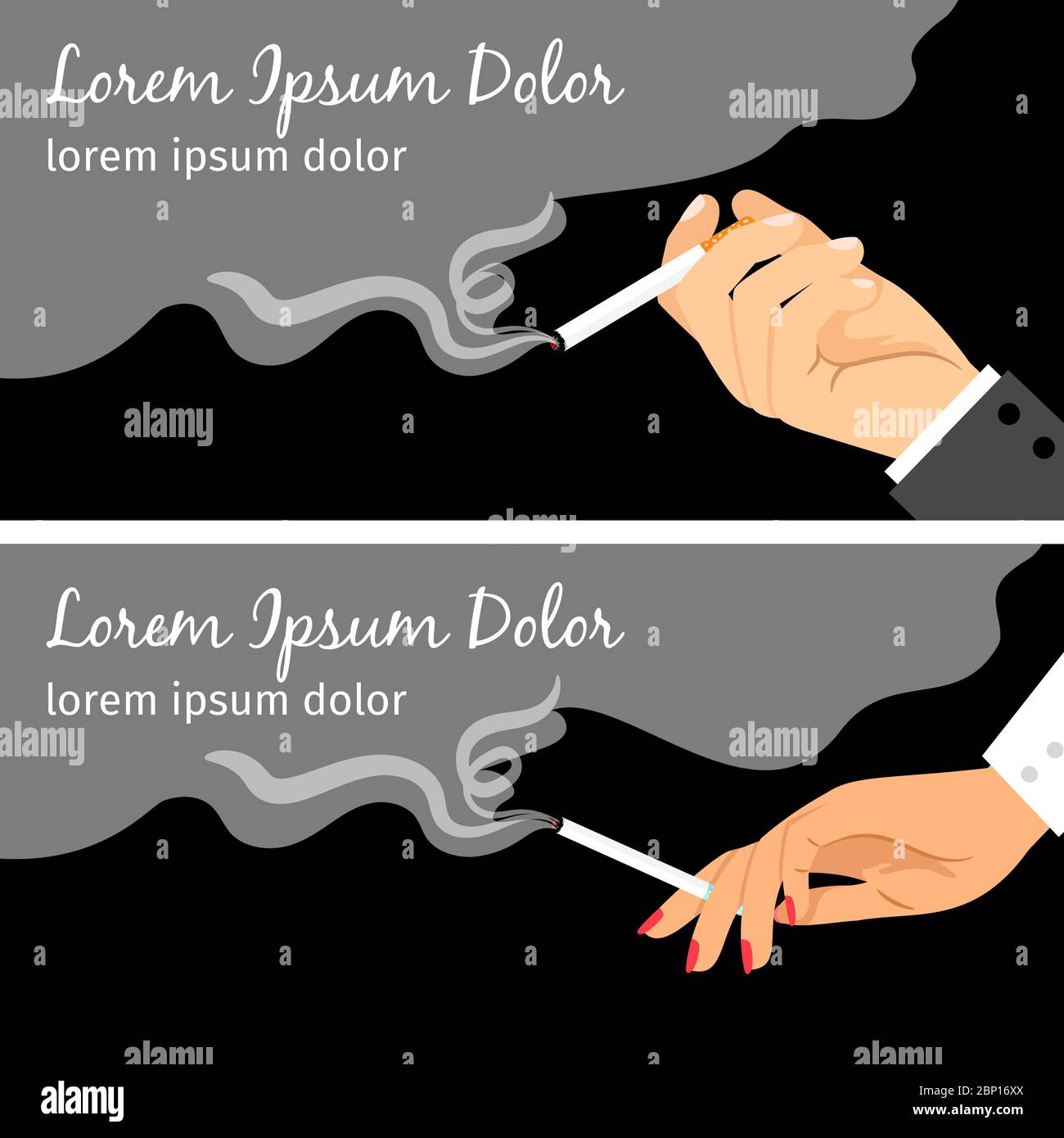 No smoking banners. Male and female hands holding burning cigarettes